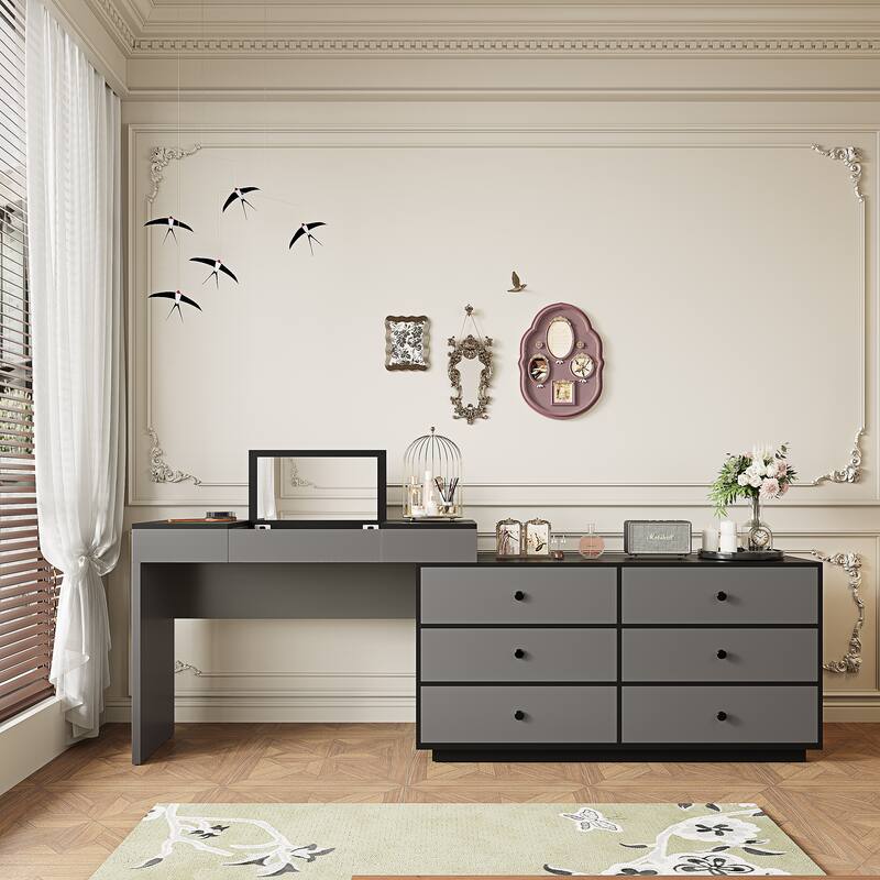 95.57" Modern Home Office Expandable Dresser Desk Combo with 6 Drawers - Black&Grey