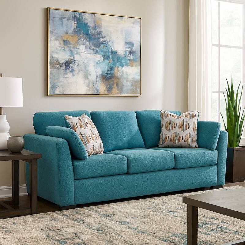 Viena Sofa with 2 Accent Throw Pillows, Teal Blue Faux Velvet 94 Inch