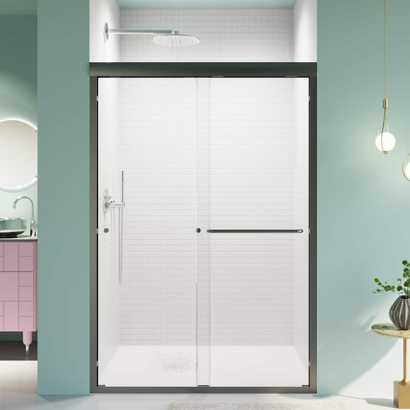 44-48" W x 72" H Semi-Frameless Double Sliding Shower Door, 6mm Tempered Glass Bypass Bathroom Door - 48x72" - Matte Black