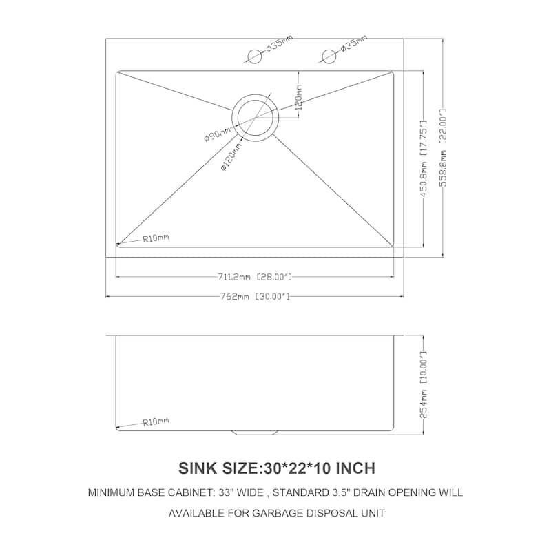 30x22-inch Single Drop In Bowl Sink 16 Gauge Kitchen Sinks - 30" x 22" x 10"