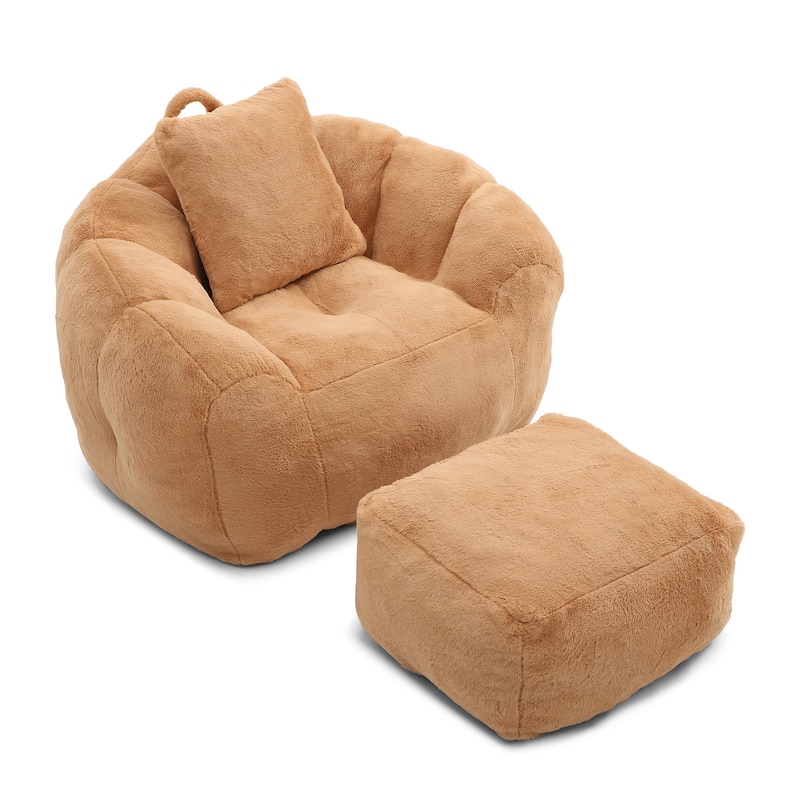 Faux Fur Bean Bag Chair with Ottoman, Giant Bean Bag Chairs for Adults, Shell-Shaped Lounge Floor Sofa with Filler