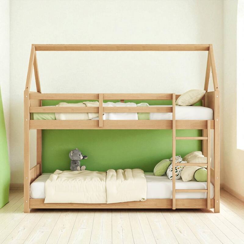 Twin over Twin House Bunk Bed with Roof Frame, Guardrails, Ladder and Headboards, Rubber Wood Kids Floor Bed - White Oak - Twin