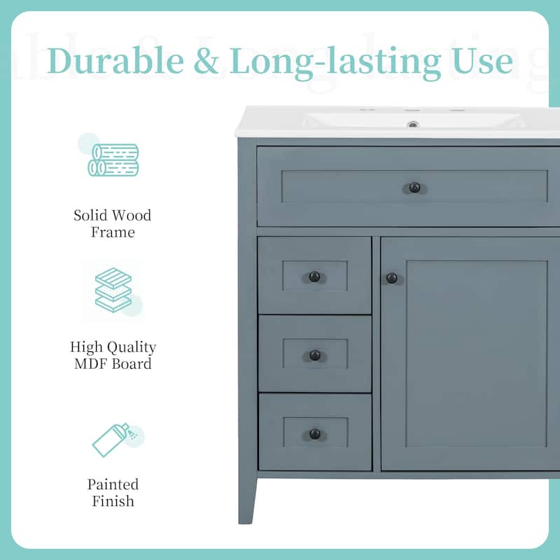 30-Inch Bathroom Vanity with Sink, Modern MDF and Rubberwood Cabinet with 3 Drawers and Adjustable Shelf, Freestanding