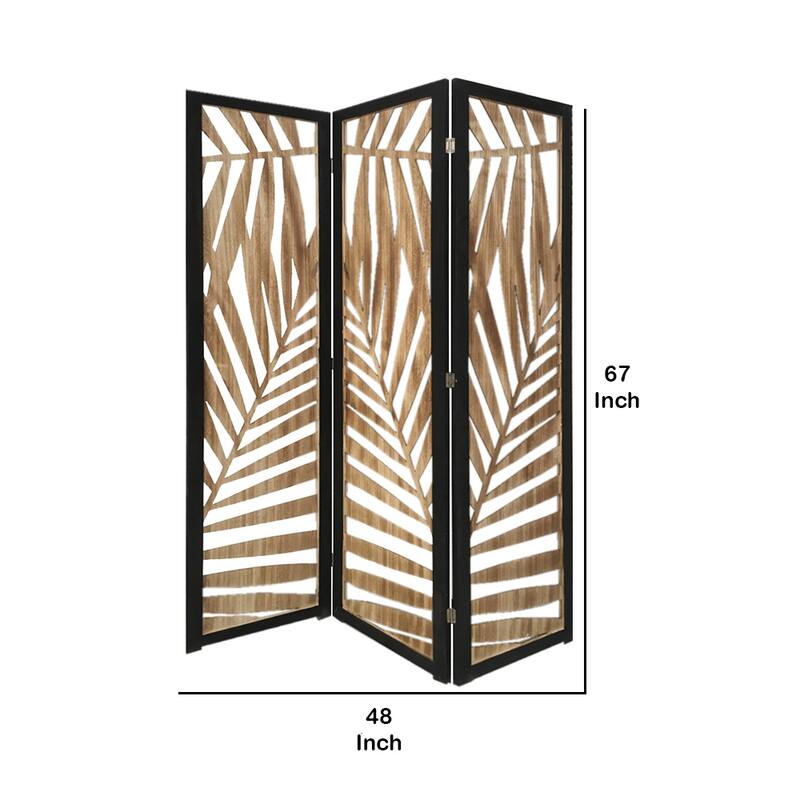 3 Panel Wooden Screen with Laser Cut Tropical Leaf Design, Gray