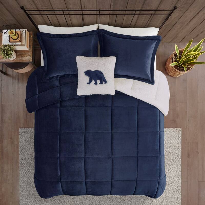 GDF Studio - Alton Plush to Sherpa Down Alternative Comforter Set - Navy & Ivory.
