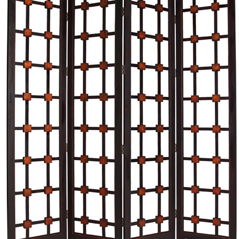 Wooden 4 Panel Screen with Modern Cosmopolitan Design, Black and Red