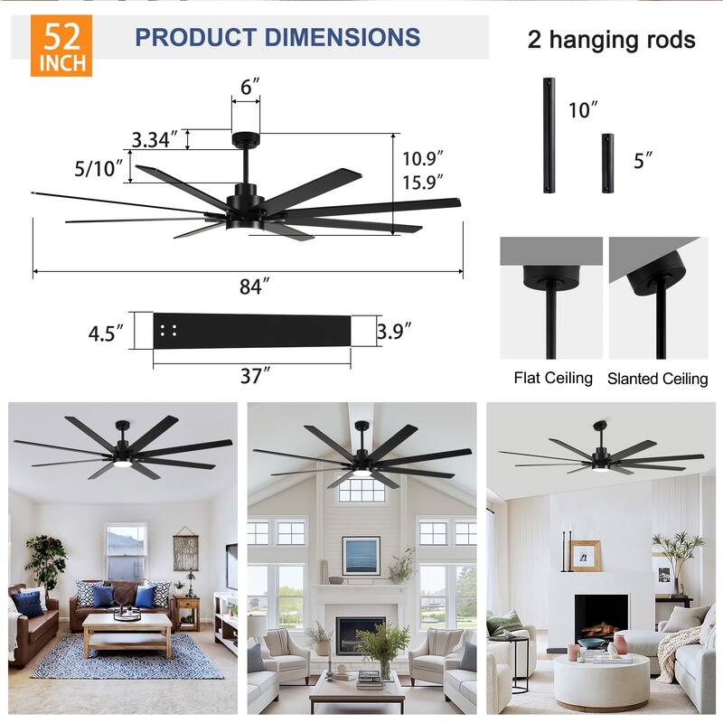 84 Inch 8 PCS Plywood Reversible Blades Ceiling Fan With Light Kit 3 Color Dimmable LED, DC 6 Speed