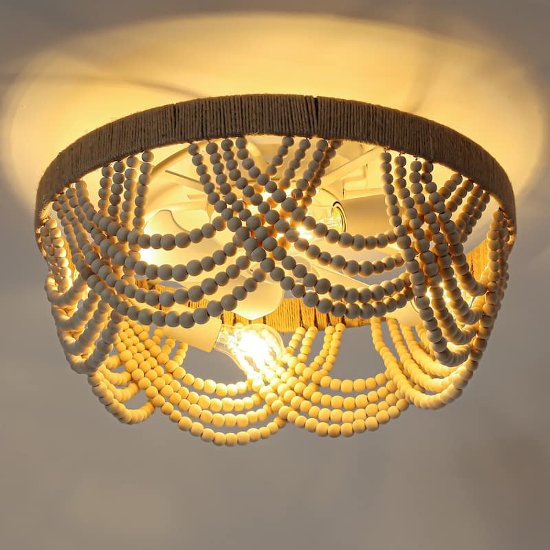 20" Smart Bohemian Wood Bead Beige Ceiling Fan with Remote and Light and APP Control - 19.7" D x 19.7" W x 10.1" H