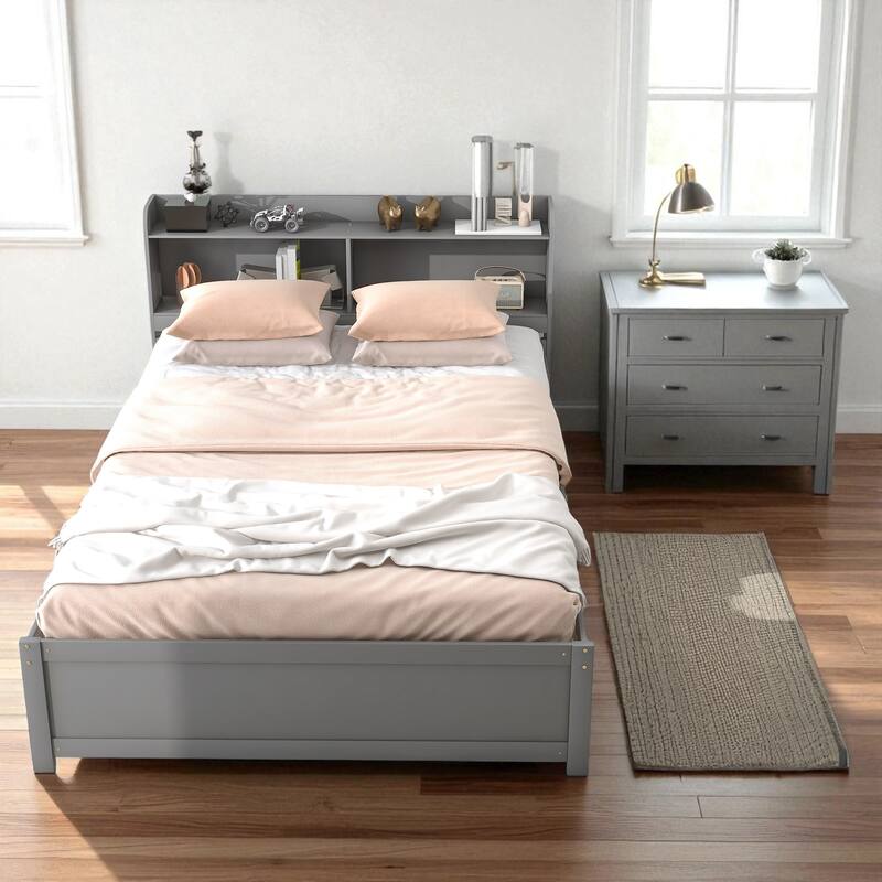 Twin/Full Bed Frame with Pull-Out Trundle and Bookcase Headboard, No Box Spring Needed - Grey - Full