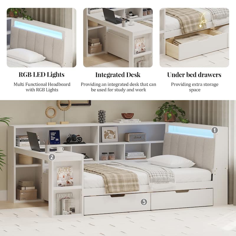 Wood Daybed L-shaped Bookcase Bed with Under-Bed Drawers and Side Bookshelf, Platform Daybed with Desk and Padded Headboard