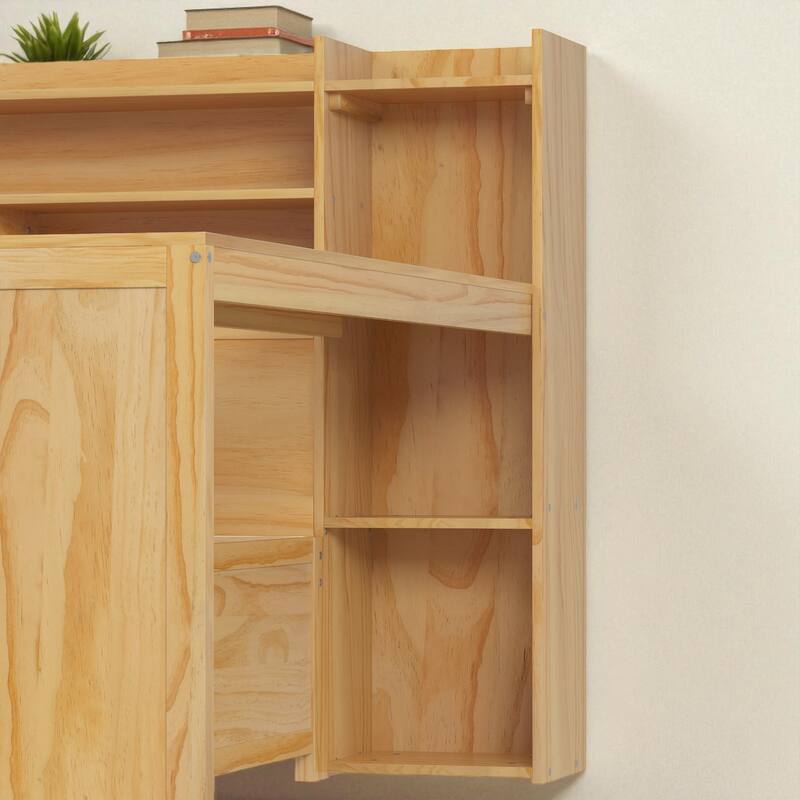 Twin Size Wood Daybed with Trundle, Storage Shelves and Built-in Study Desk, Multifunctional Space-Saving Bed