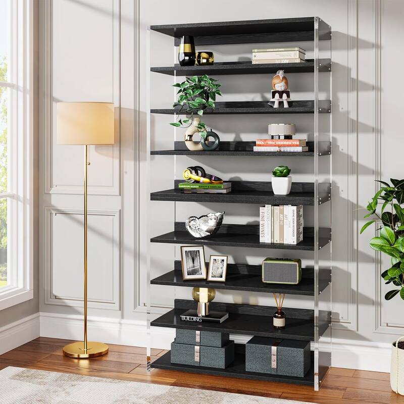 63" 8-Tier Acrylic Bookshelf, Modern Bookcase with Wood Shelves, Display Storage Rack for Living Room, Bedroom & Home Office