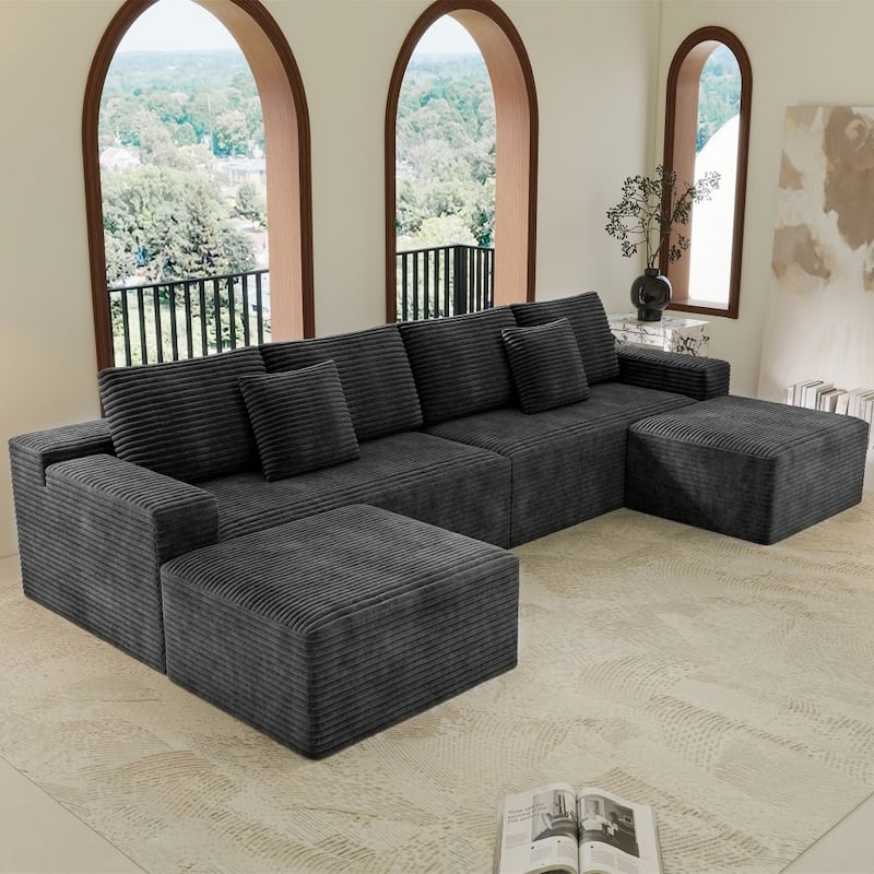 137.8" Corduroy Upholstered Free Combination Modular Sectional Sofa with Ottomans
