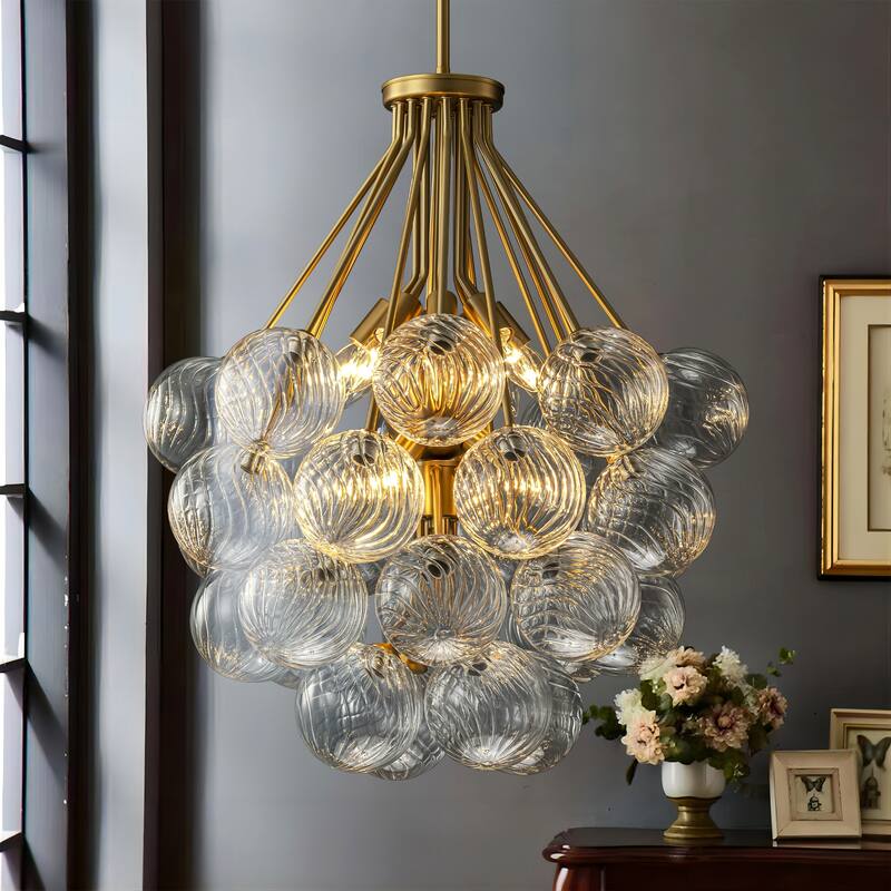12-Light Mid-Century Modern Gold Sputnik Textured Glass Globe Bubble Chandelier for Dining Room - Gold-Twisted Glass