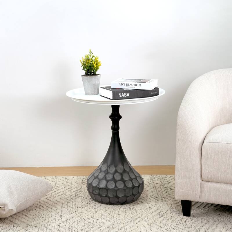 Accent Metal Coffee Table, Pedestal Table for Living Room, Hand-hammered Texture - White+Black