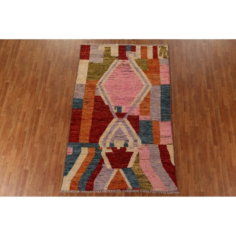 Hand Knotted Oriental 100% Wool Carpet Modern Geometric Multi-Colored Moroccan Area Rug - 8' 7'' X 5' 6''