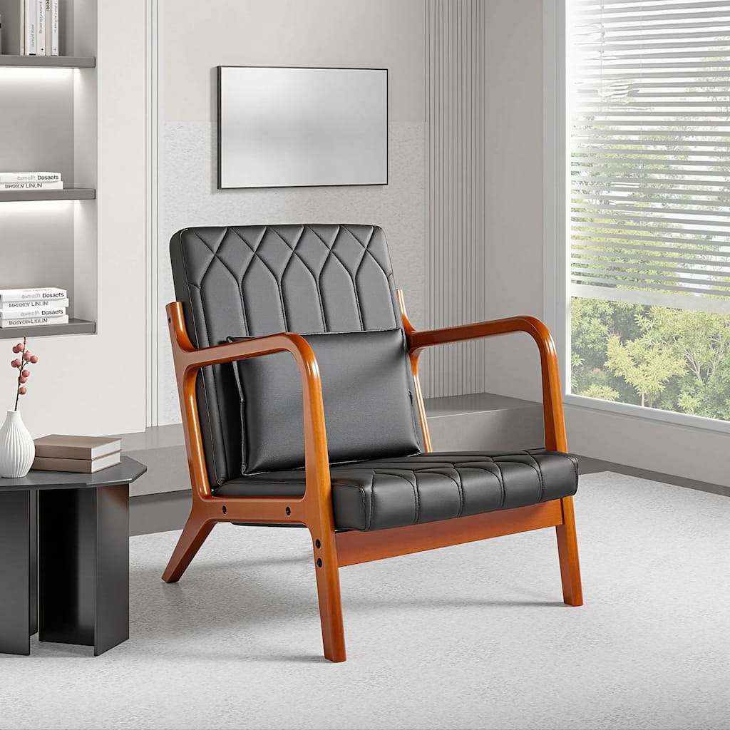 VECELO Mid Century Black PU Leather Accent Chair Lounge Chair with Removable Pillows Wooden Arms 300 lb Capacity for Living Room