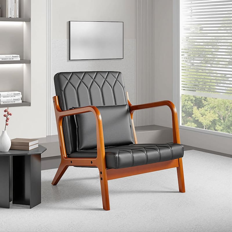 VECELO Mid Century Black PU Leather Accent Chair Lounge Chair with Removable Pillows Wooden Arms 300 lb Capacity for Living Room - Black