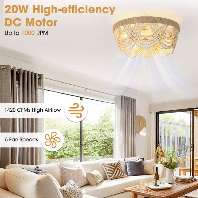 20" Smart Bohemian Wood Bead Beige Ceiling Fan with Remote and Light and APP Control - 19.7" D x 19.7" W x 10.1" H