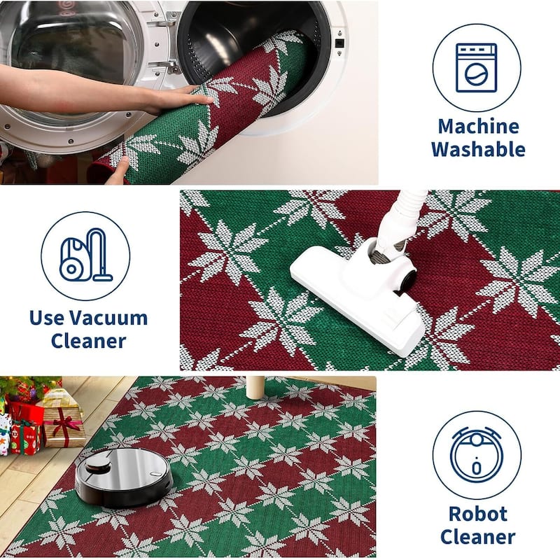 GustoWave Christmas Geometric Throw Area Rugs, Non Slip Machine Washable, Green+Red - 1'6" x 2'6"