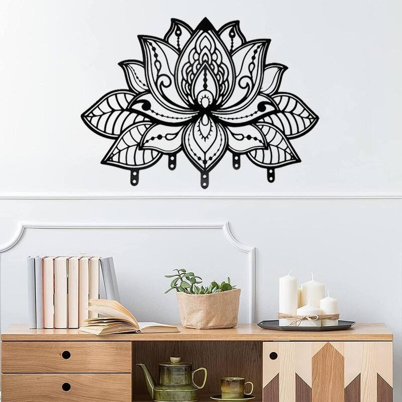 Wall-Mounted Towel Rack with 6 Hooks Black Matte Metal Space-Saving Bathroom Organizer - N/A