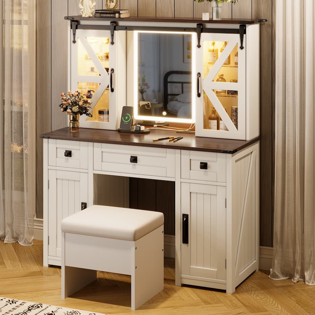 43.3" Farmhouse Makeup Vanity Desk with Lighted Mirror, Vanity Table Set with Storage Stool and Charging Station