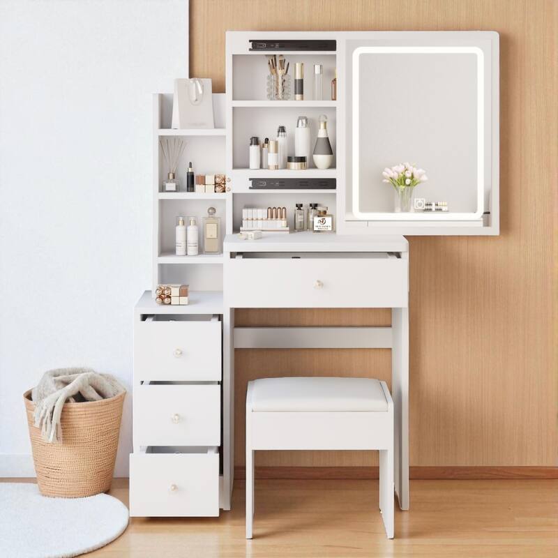 29.2" Small Vanity Table with LED Sliding Mirror, Cushioned Stool, Touch Light and Storage Cabinet
