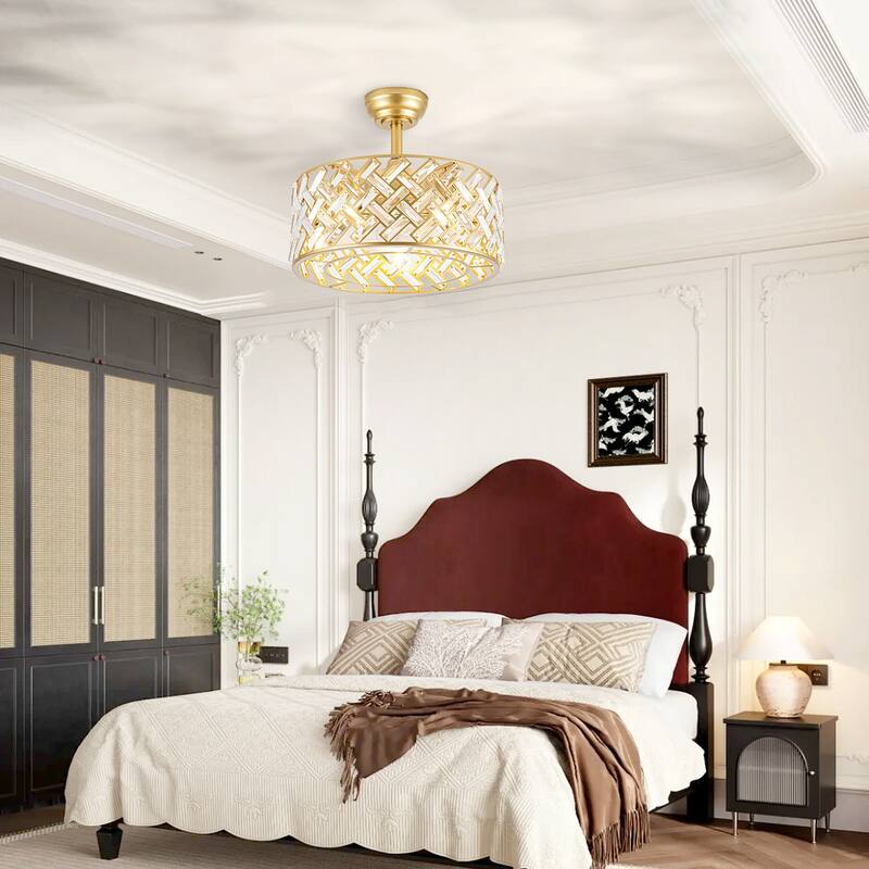 18" Crystal Cage Ceiling Fan With Remote Control ,Quiet Motor Fan Light,Indoor Crystal Chandelier Ceiling Fan