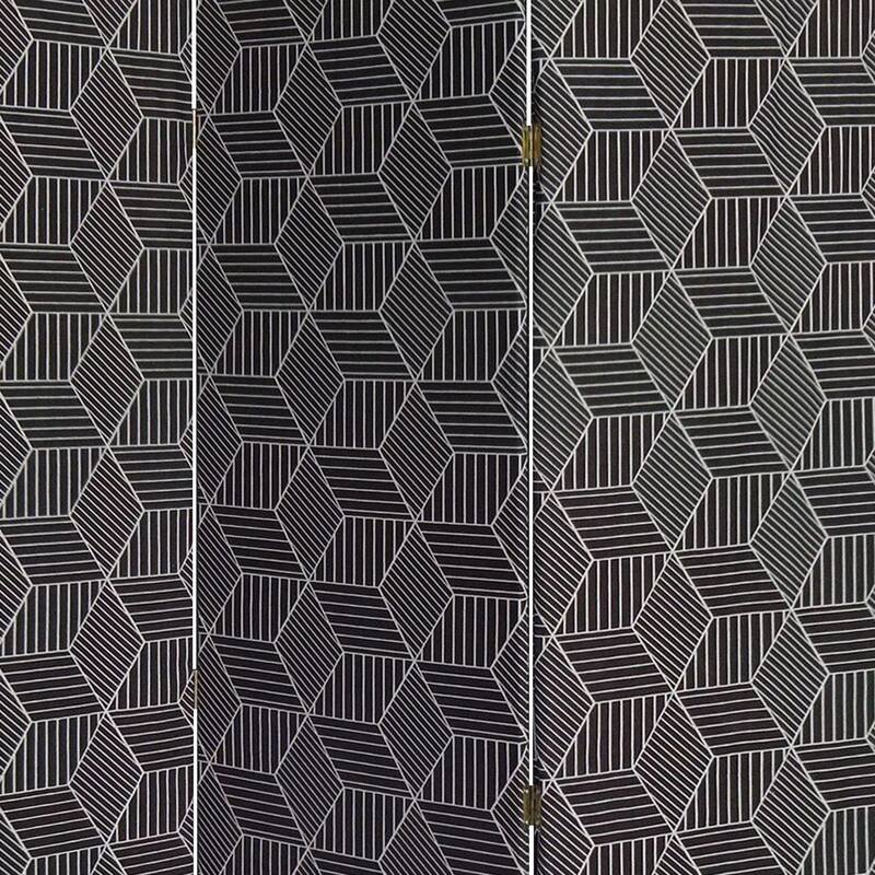 71 Inch 3 Panel Fabric Room Divider with Geometric Print, Black