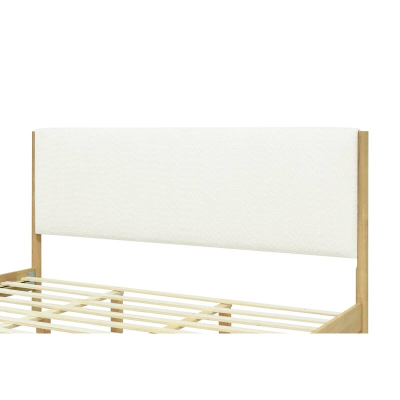 Modern White Boucle Upholstered Bed with Rubberwood Legs, Queen