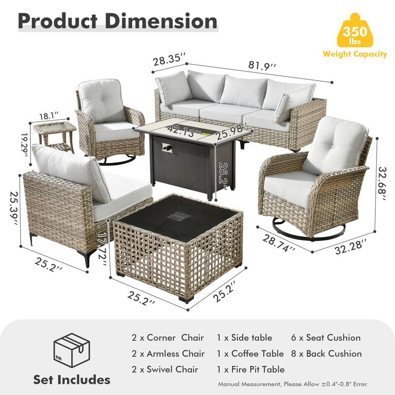 HOOOWOOO 9-piece Wicker Outdoor Furniture Patio Sofa Swivel Chair Set with Fire Pit Table