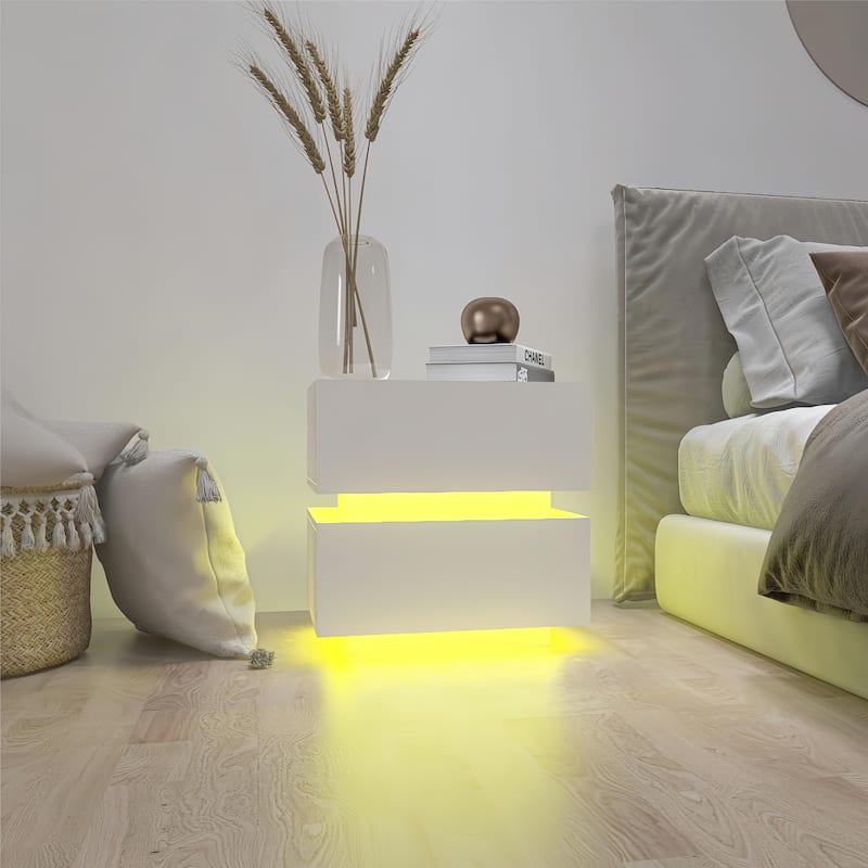 LED Nightstand Storage Cabinet, White Side Table Sofa End Side Table
