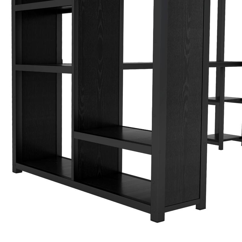 Roomfitters Queen Size Metal Loft Bed with Built-in Wardrobe, Desk, and Storage Shelves, Space-Saving Design, Black
