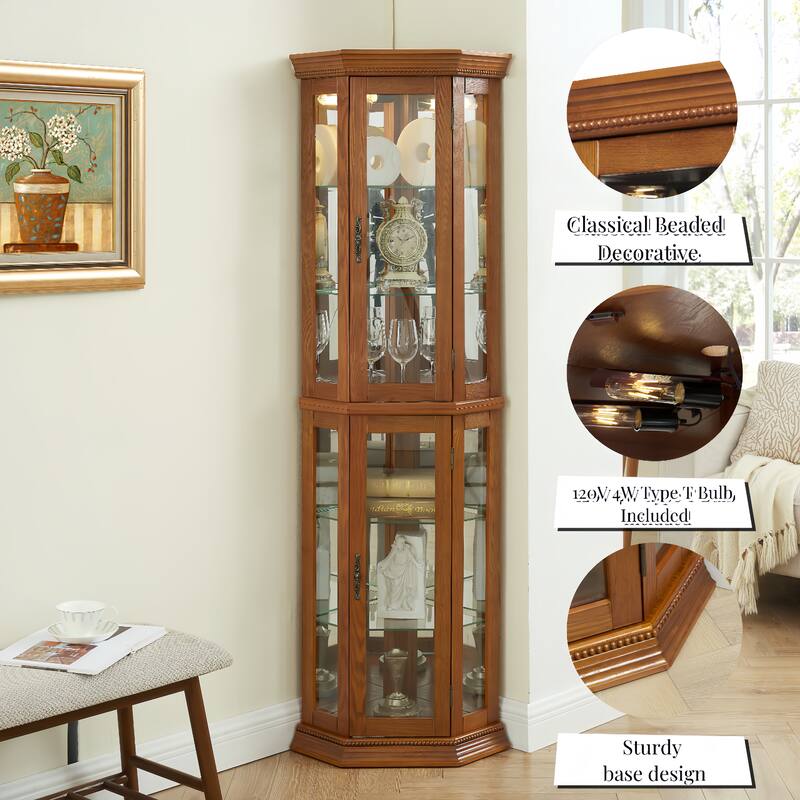 Corner Curio Cabinet Lighted Corner Display, Glass Display Shelf Shelving Bar cabinet with Tempered Glass Door, Bar Cabinet