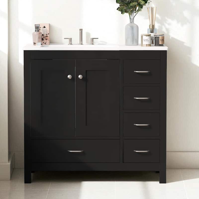 36" Bathroom Vanity with Ceramic Sink Solid Wood Base Soft Close Doors and 5 Storage Drawers - Black