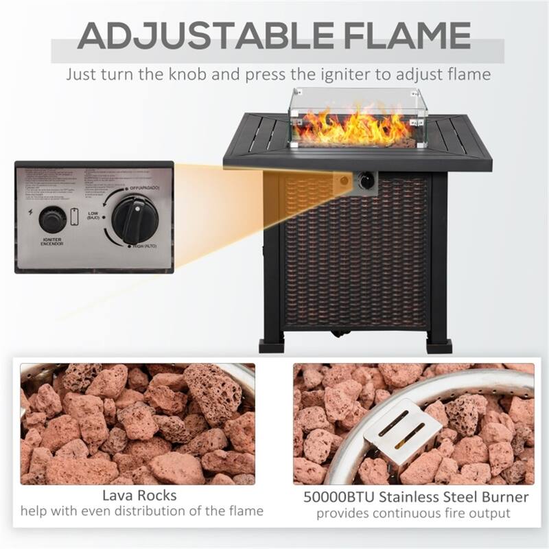33 Inch Propane Fire Pit Table with 50000 BTU Burner Glass Wind Guard Lid Lava Rocks and Hidden Tank Storage