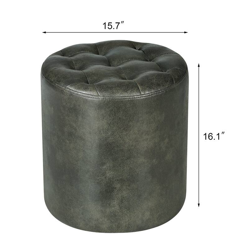 Adeco Round Ottoman Upholstered Tufted Faux Leather Footrest
