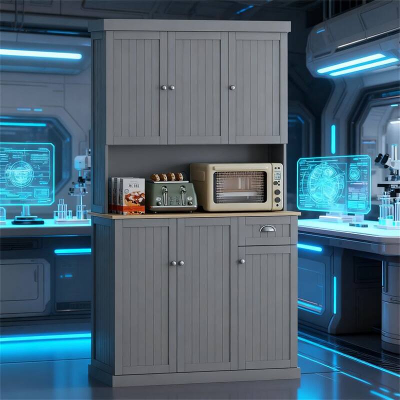 Kitchen Pantry Storage Cabinet with Microwave Oven Countertop, Drawer