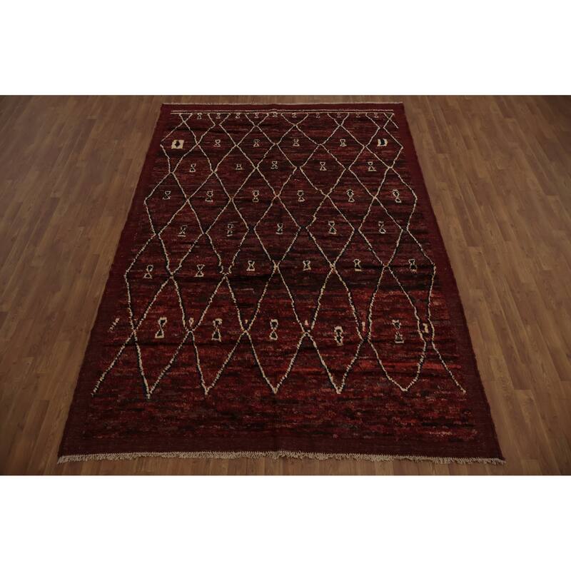 Hand Knotted Oriental 100% Wool Carpet Modern Geometric Red Moroccan Area Rug - 9' 11'' X 6' 10''