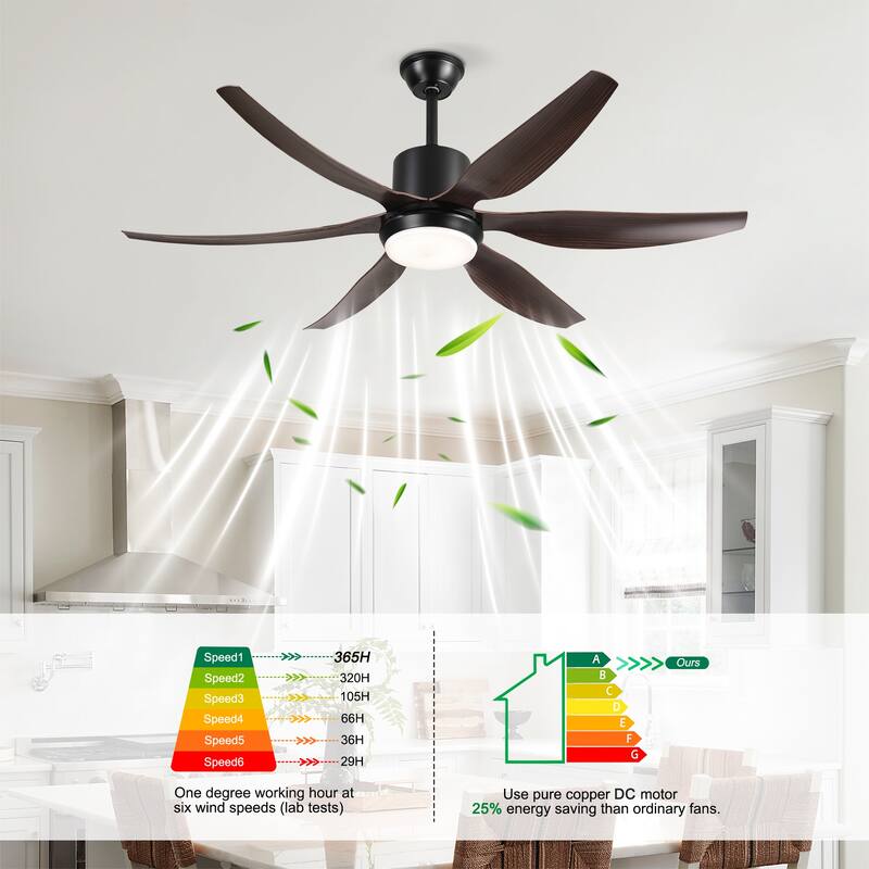 6 PCS ABS Blades 56 Ceiling Fan With Light Kit 3 Color LED Light Source, DC 6 Speed ,Remote Control Ceiling Fan