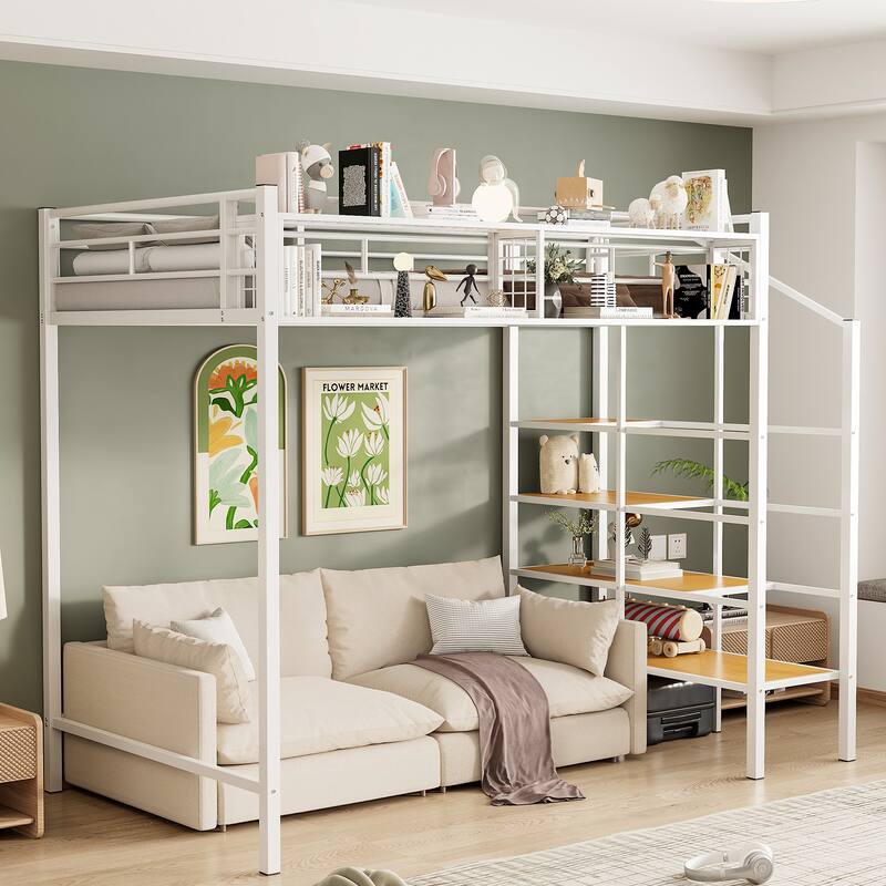 Twin Size Metal Loft Bed with Grid Storage Shelf and 4 Layers Storage Ladder, Heavy Duty Metal Bed Frame, High Loftbed