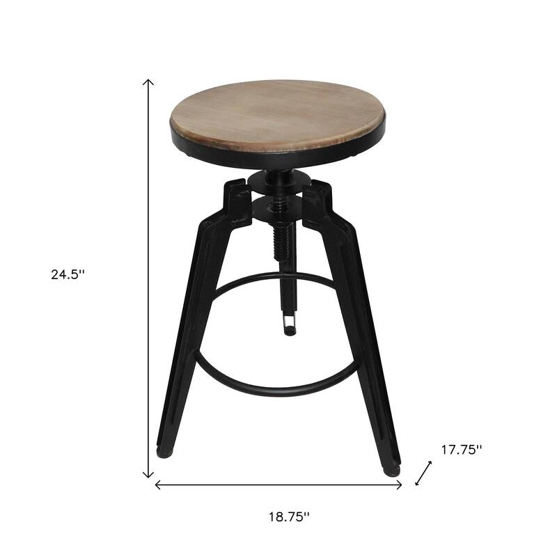 HomeRoots Set of Two Natural and Black Iron and Wood Backless Adjustable Height Swivel Bar Chairs