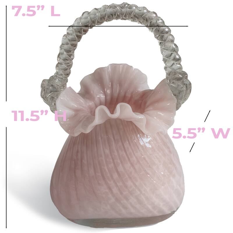 Pink Scalloped Glass Basket Vase Decorative Floral Display Accent