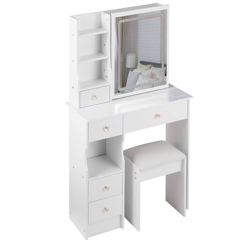 29.2" Small Size Left Drawer Desktop Vanity Table + Cushioned Stool, Large Sliding, Touch Control, Tri-color Switching