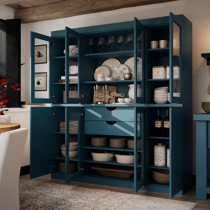Palace Imports 100% Solid Wood Kitchen China Cabinet Pantry with Glass or Solid Wood Doors and 2-Drawer Kit - 65" x 71.5" - Teal Blue - 6 Clear Glass-2 Solid