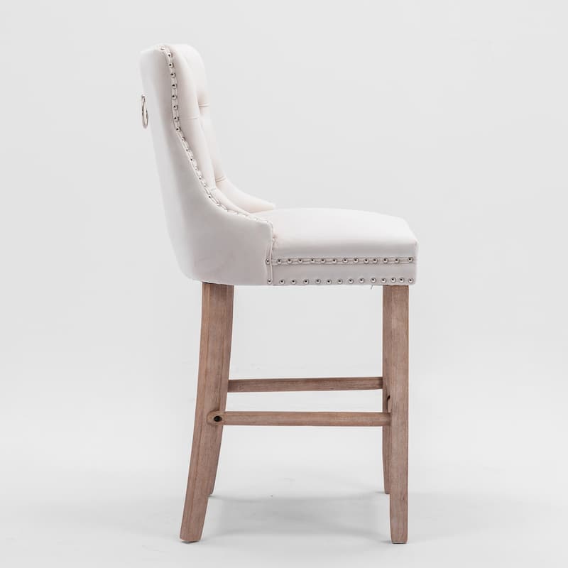 Roomfitters Velvet Bar Stools Set of 2, Tufted Upholstered Counter Chairs with Nailhead Trim and Wooden Legs