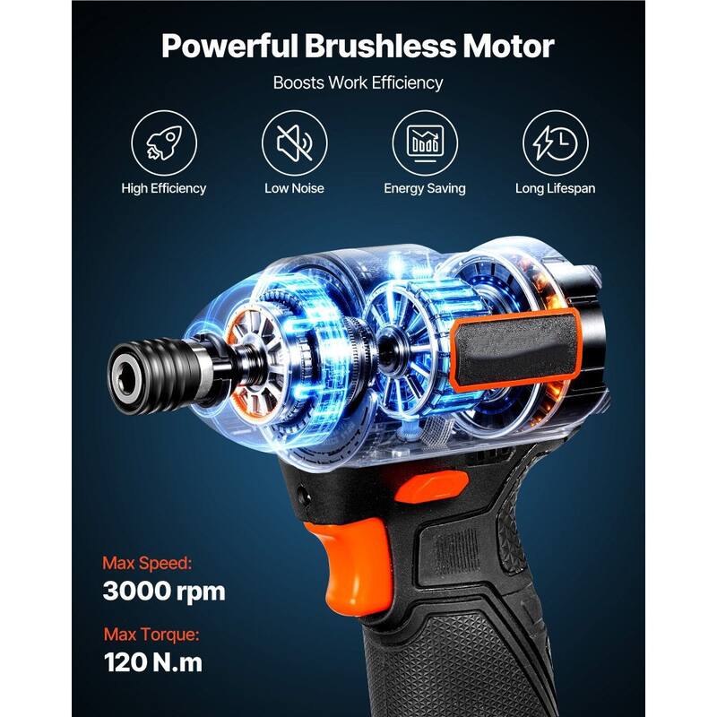 Black Brushless Cordless Impact Driver 12V DC with 1062 in-lbs Torque, LED Light and Dual Batteries - 5.9 x 2.2 x 7.3 in