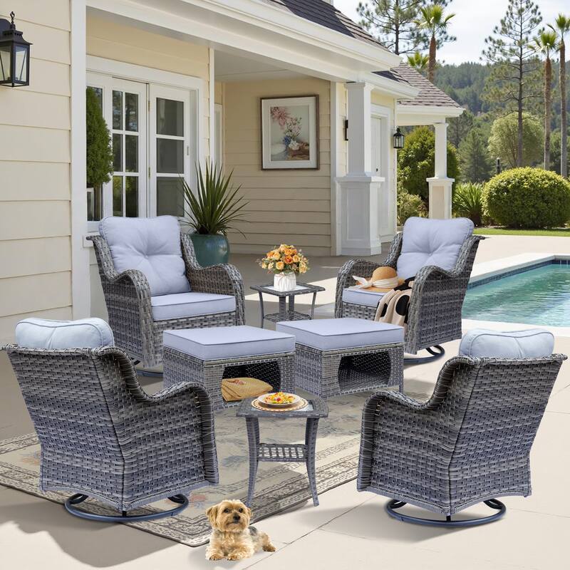 Gray Rattan Outdoor Patio Conversation Sets with Swivel Rocker Chairs