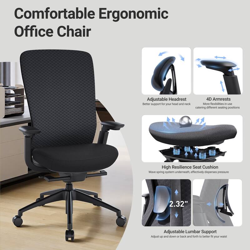 Ergonomic Office Chair, 4D Armrests, Seat Depth, Memory Foam, 300lbs, AirMesh Back