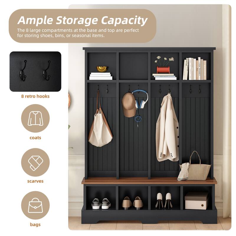 Farmhouse 59"W Wide Hall Tree with 8 Hooks, Practical Entryway Bench with Open Compartments